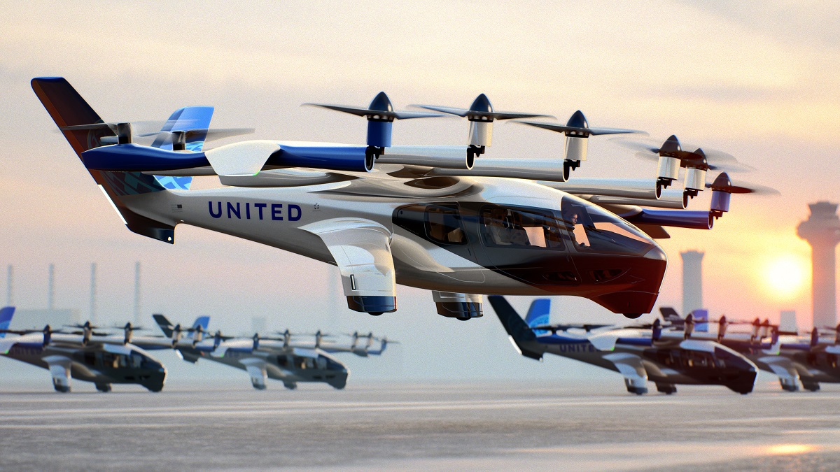 An electric aircraft with six propellors on top.